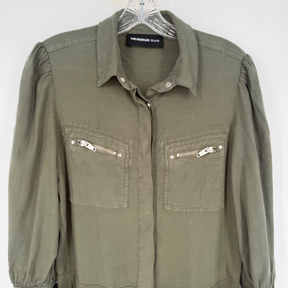 The Kooples Jeans Utility Jumpsuit Olive Green Linen Blend Belted Snap Front 2 M - Picture 11 of 16